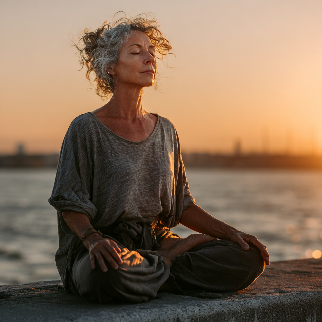 Middle-aged woman in comfortable yoga attire sitting in peaceful meditation pose outdoors