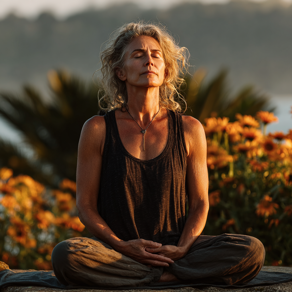 Peaceful woman in her 50s practicing yoga meditation pose in serene natural setting